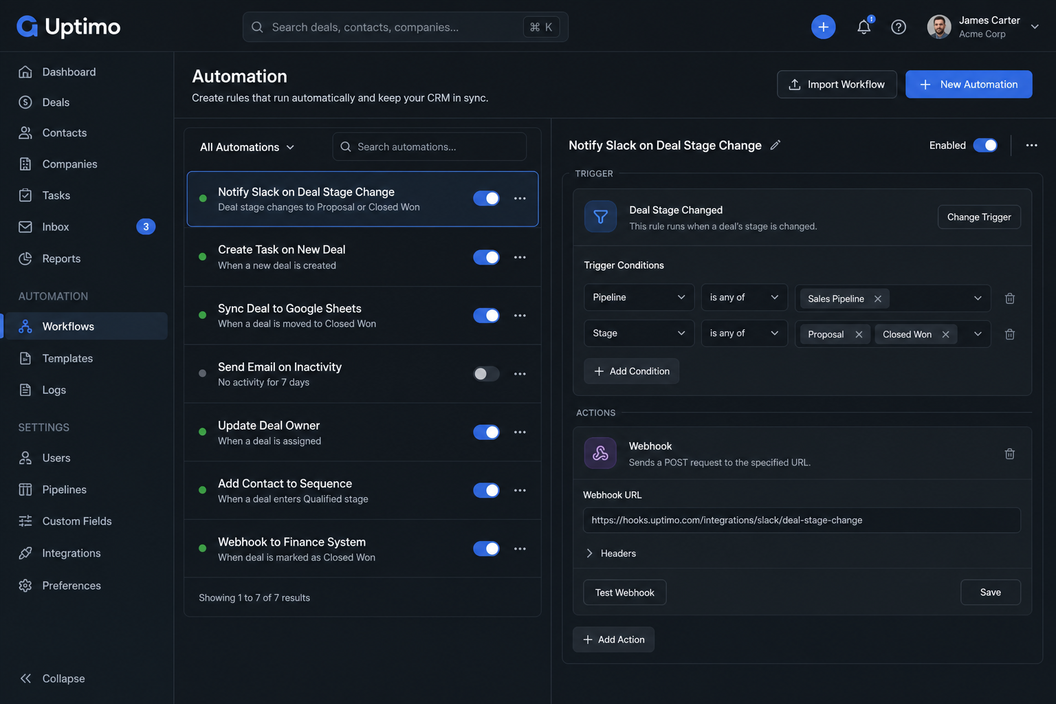 Illustration: automation chain and webhooks in Uptimo CRM