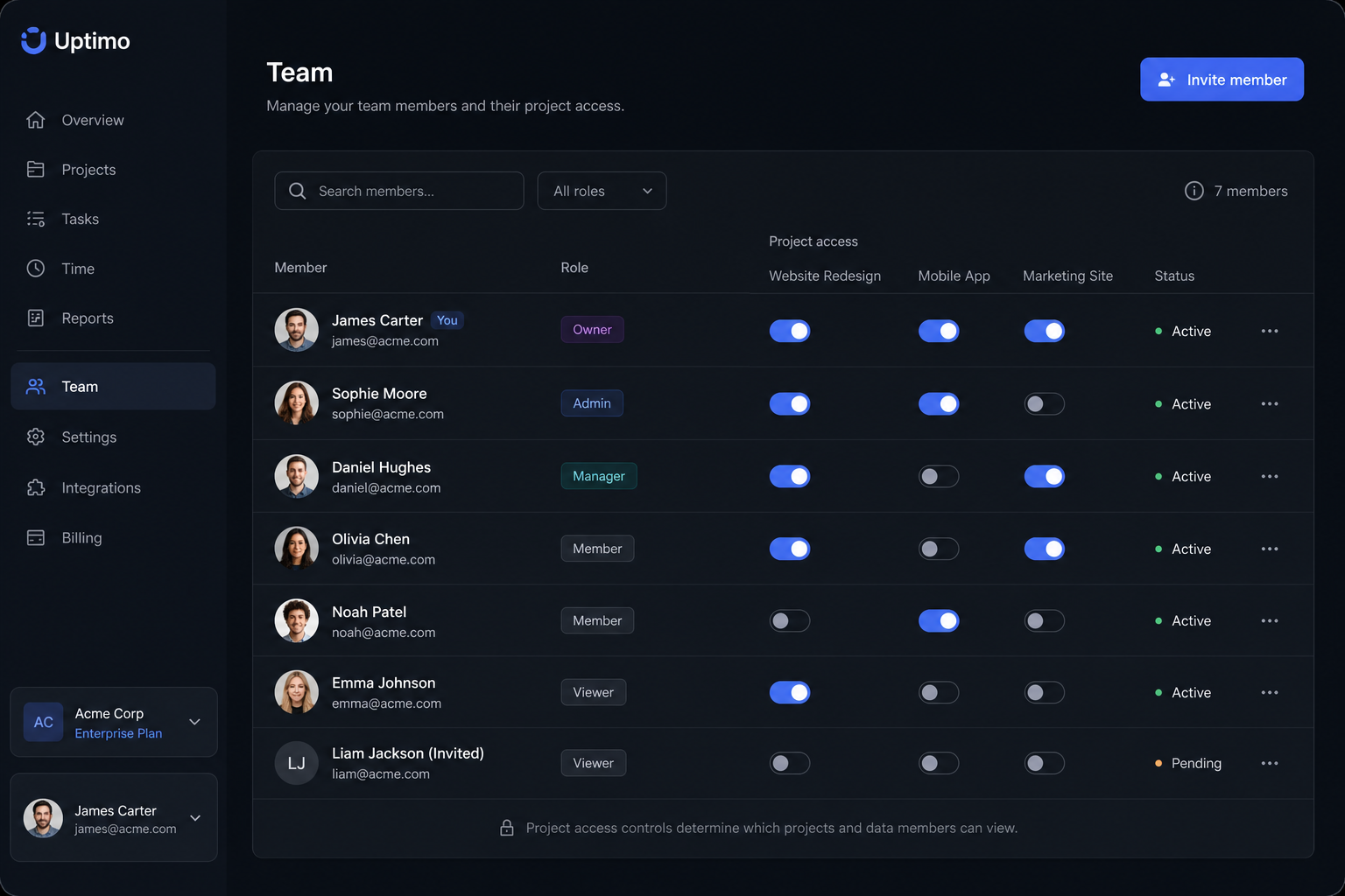 Illustration: team members and access levels in Uptimo
